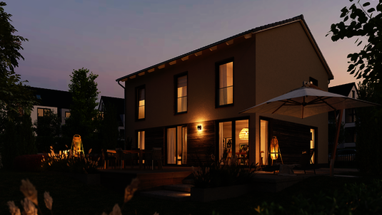 Stadtvilla 154 Exklusiv mit Satteldach - Gartenansicht am Abend